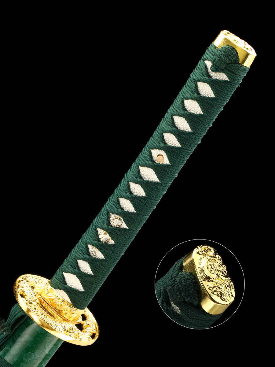Handmade authentic Japanese Samurai Sword 1060 steel baked blue with green Saya(40)