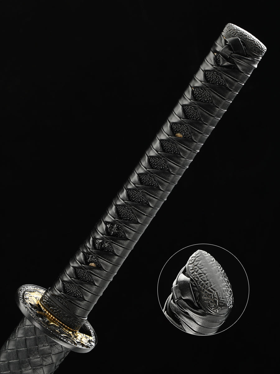 (33)Authentic Japanese Samurai Sword 1060 steel grill black with leather sheath perfect combination