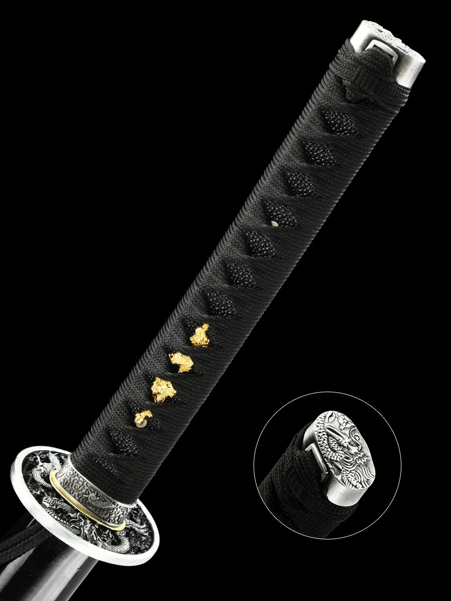 Handmade Japanese Katana Sword T10 Folded Clay Tempered Steel Real Hamon Dragon Elementals(12)