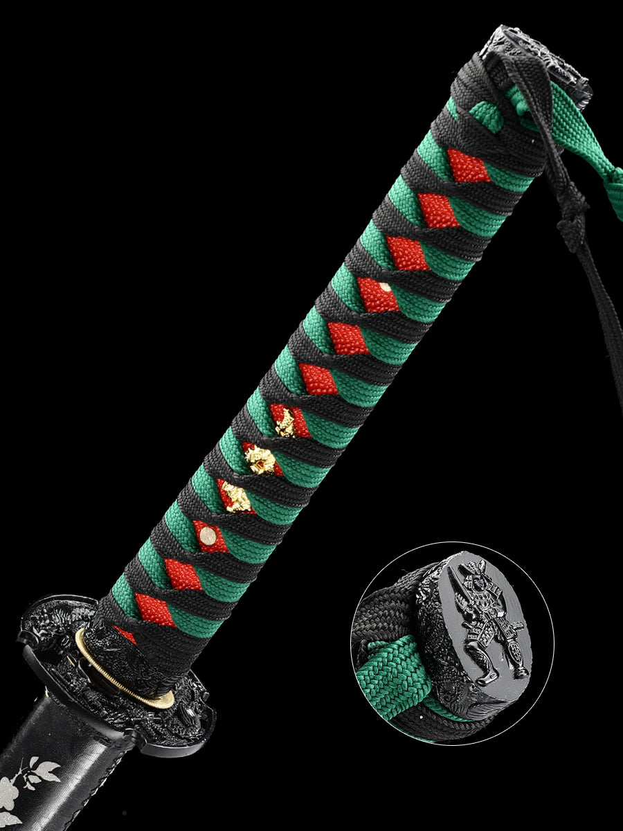 Katana Sword Mud Tempered Manganese Steel True Hamon Handmade Warrior Blade Sharp Handle Rope Green(13)