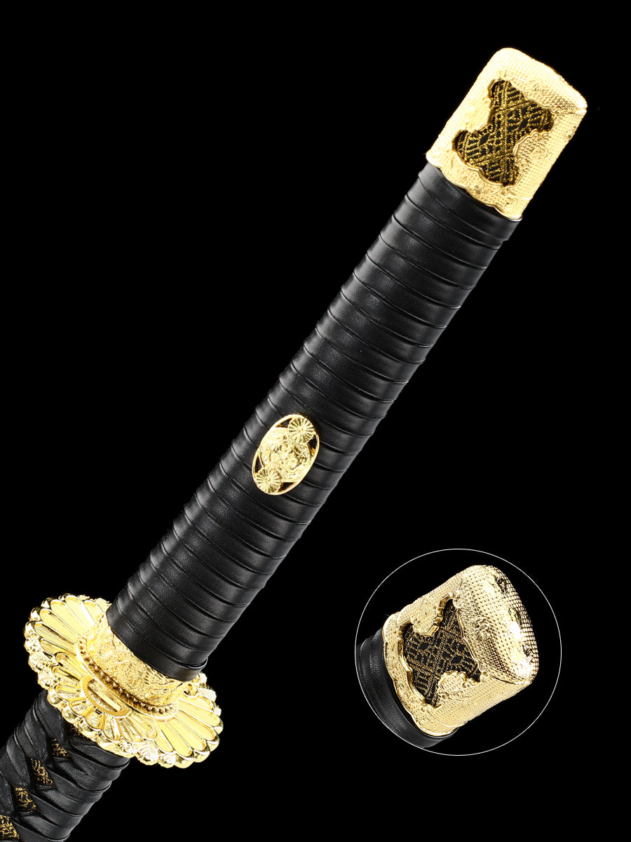 (43)Japanese Tachi Odachi Sword High Manganese Steel With Golden Tsuba And Black Scabbard