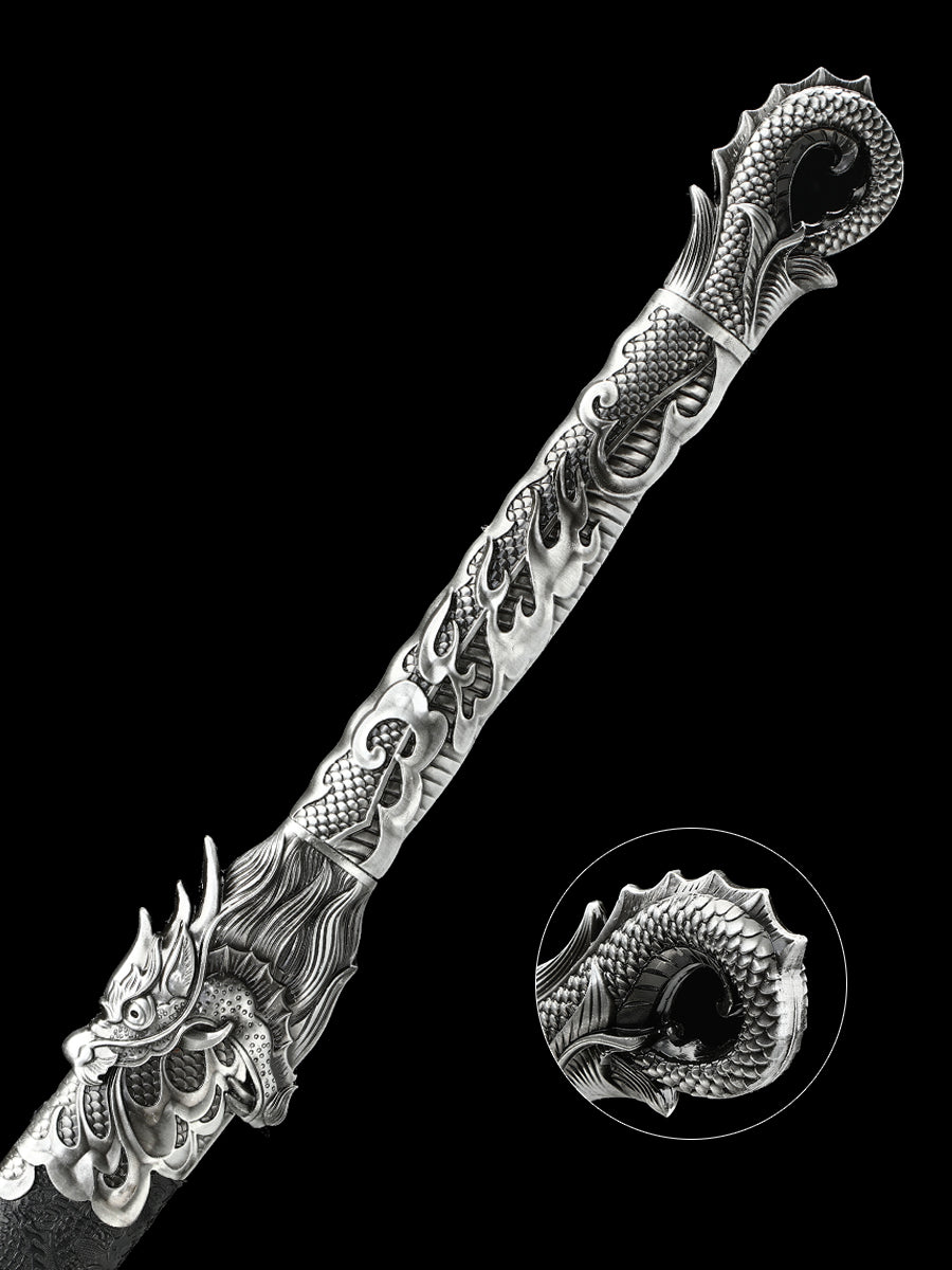 Dragon alloy handle, long knife, machete, 1095 steel, handmade, collectible, decorative knife