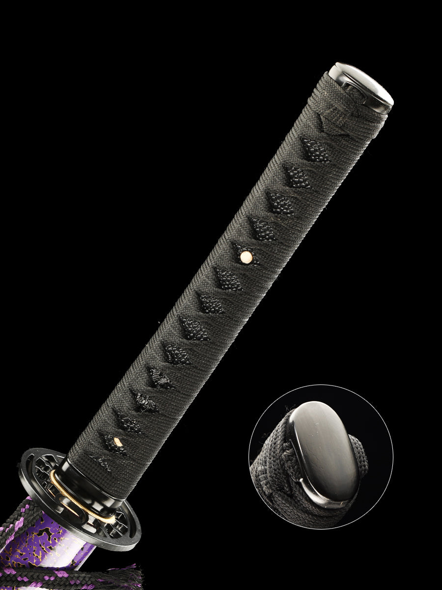 Handmade Japanese samurai sword with Damascus steel folding pattern, exquisite large lacquer sheath in blue(15