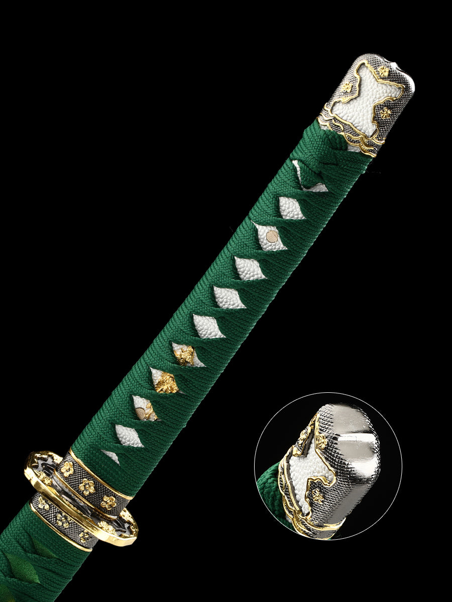 Handmade Damascus Steel Samurai Sword with Green Sheath Decoration Collection