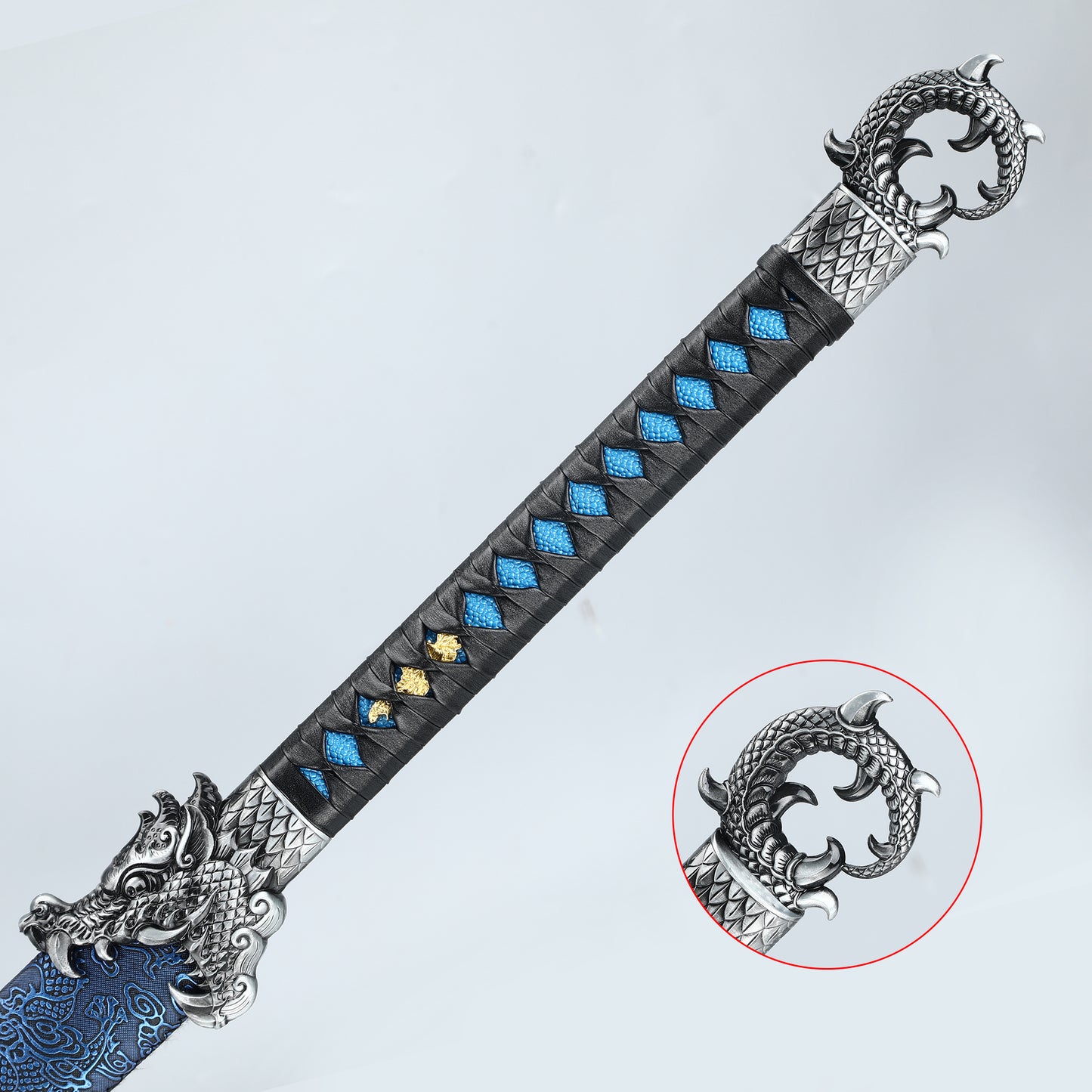 Chinese Sword Tang Dynasty Knife Carbon Steel Grilled Blue Edge Lika Dragon Pattern Sheath(TD003)