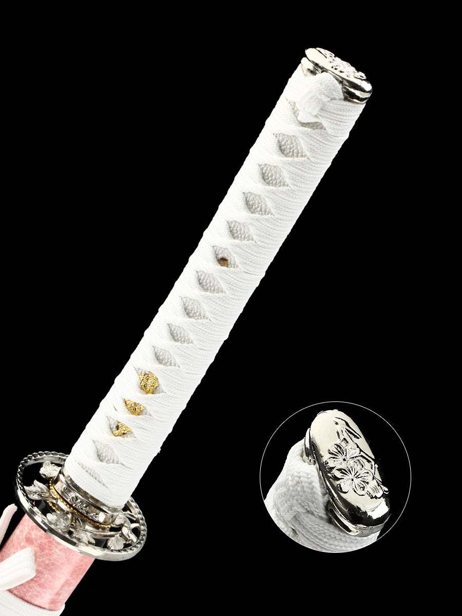 (32)Pink scabbard, white scabbard rope, manganese steel, genuine handmade samurai knife