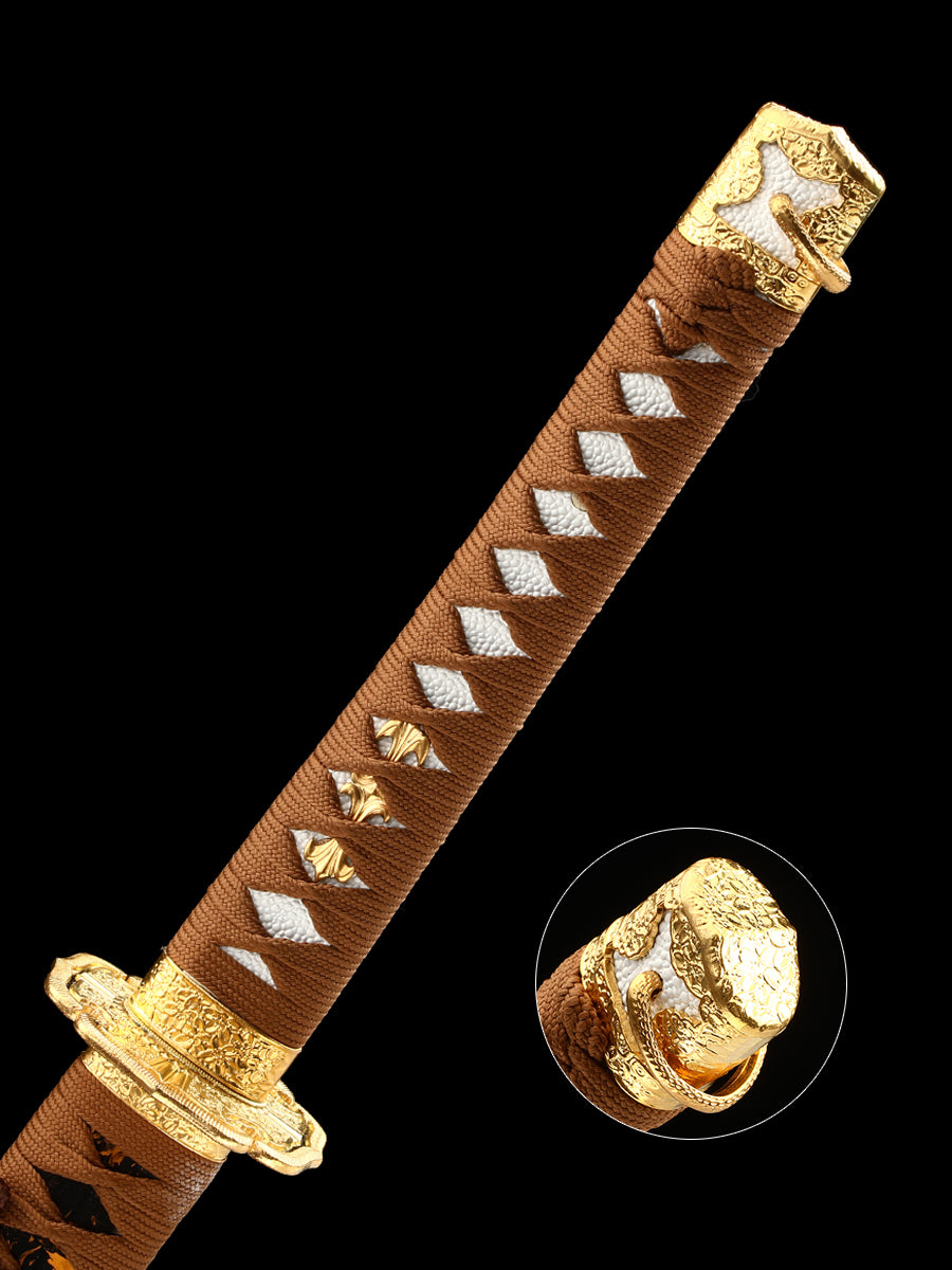 Japanese handmade Damascus steel samurai sword with yellow scabbard decoration collection