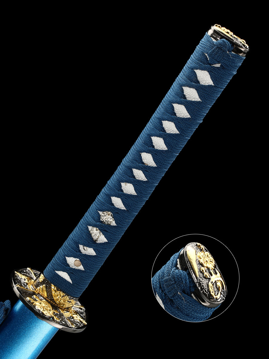 (63)Handmade authentic Japanese Samurai Sword 1060 steel grilled blue with blue sheath dreamlike style