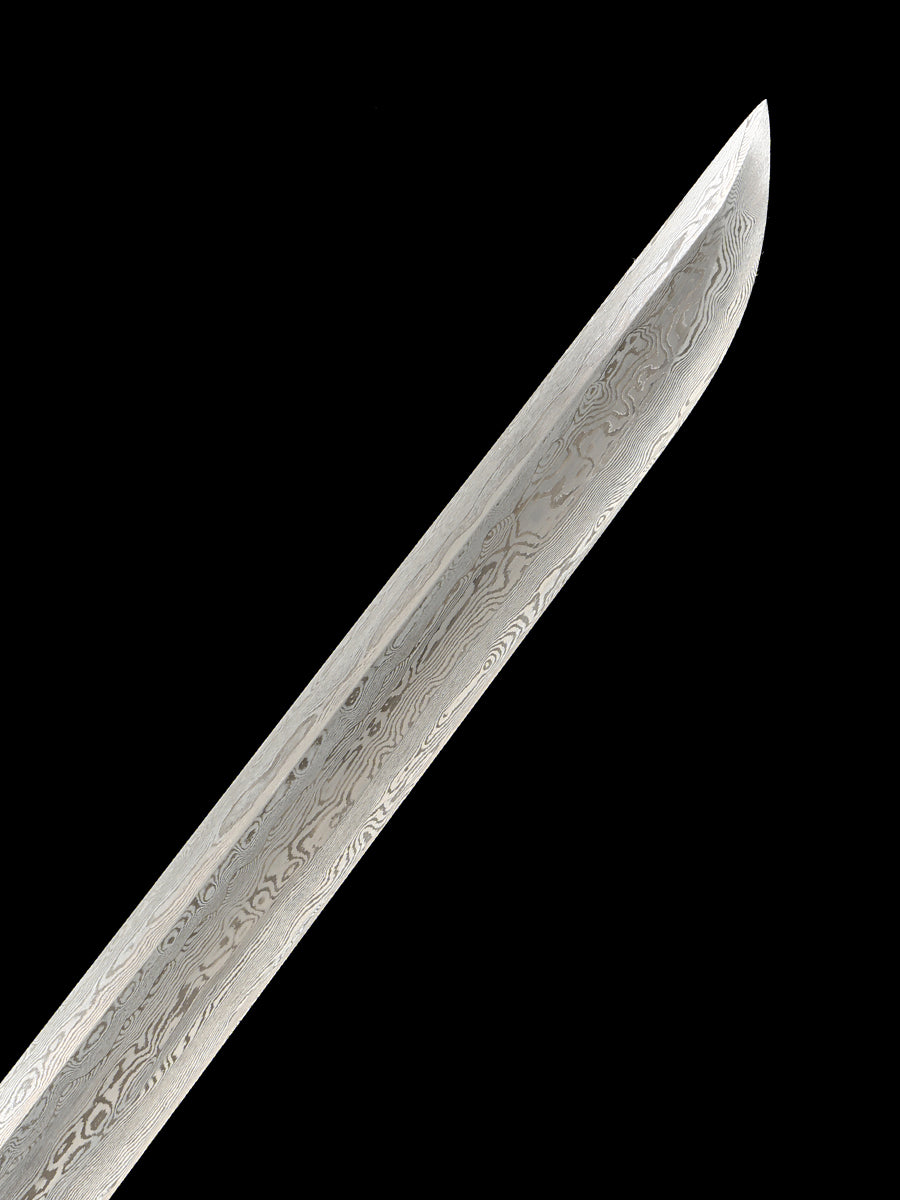 Hand forged straight knife Damascus steel manufacturing blue sheath