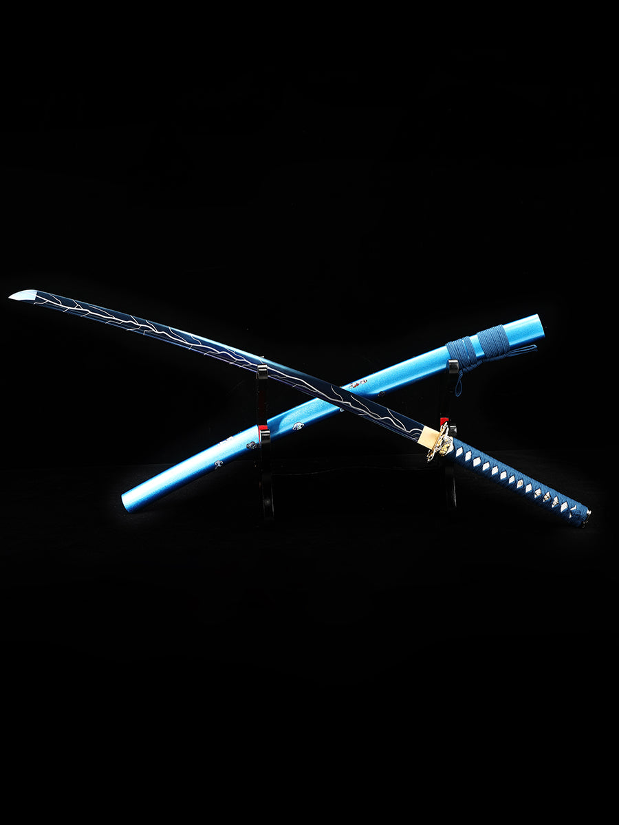 (63)Handmade authentic Japanese Samurai Sword 1060 steel grilled blue with blue sheath dreamlike style