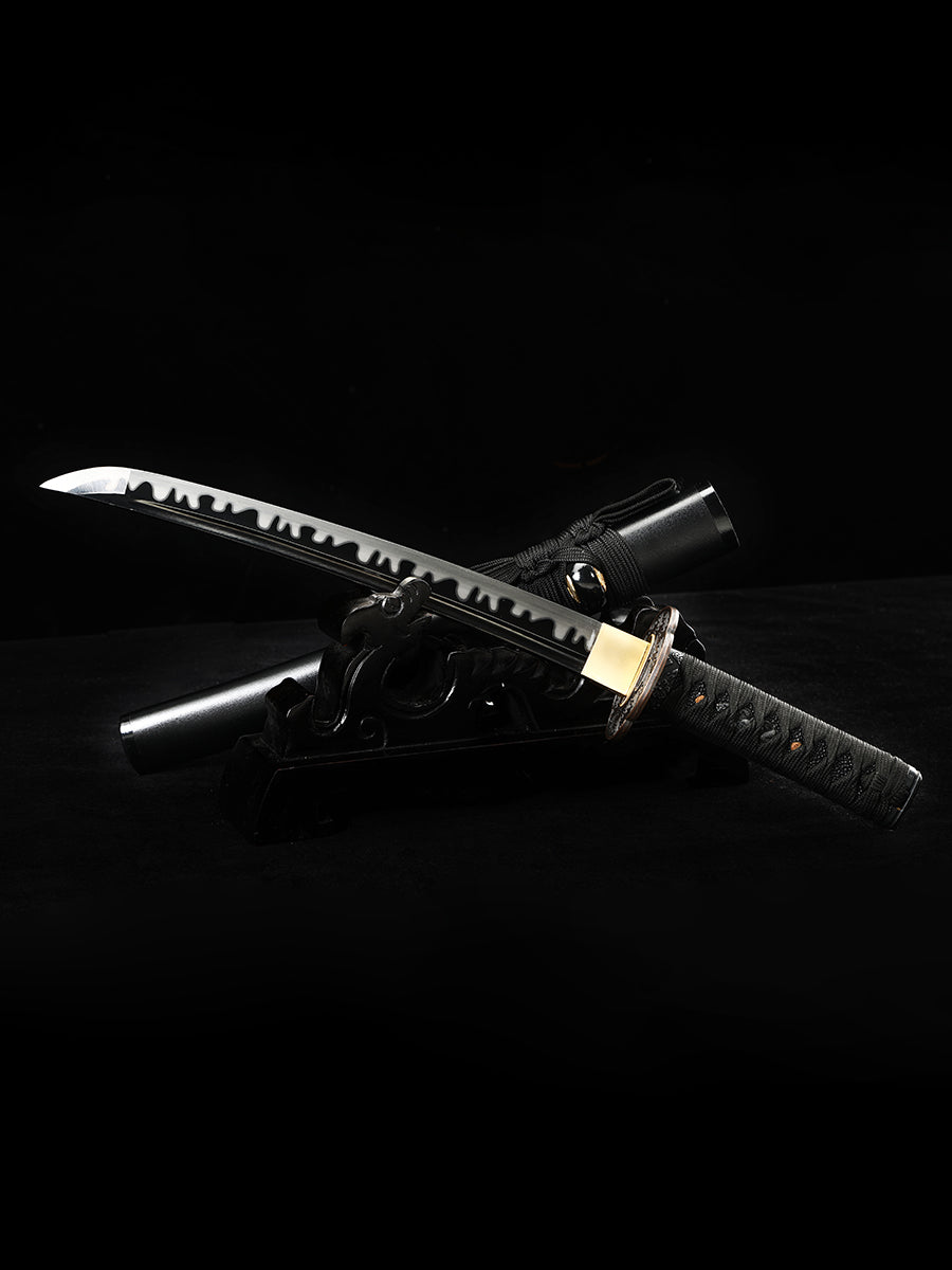 Japanese sword hand forged short samurai sword 1095 manganese steel baked black grinding wave pattern collection decoration