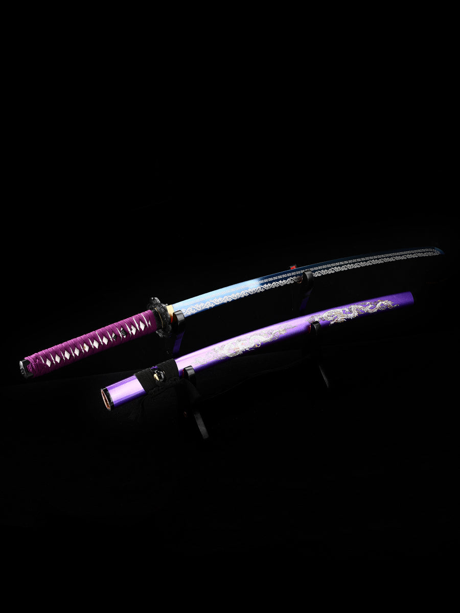 (58)Handmade authentic1060 steel baked blue with purple sheath Japanese Samurai Sword