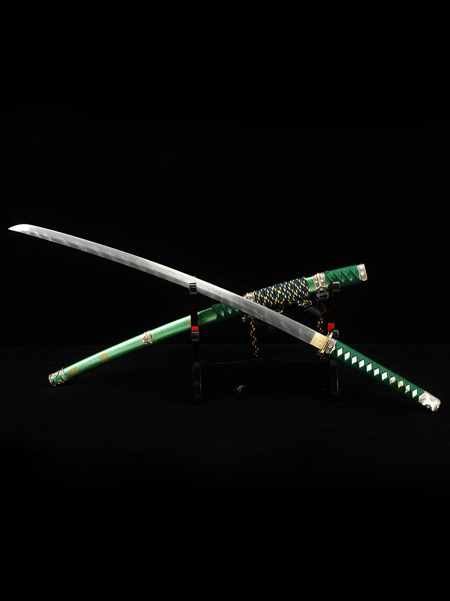 Handmade Damascus Steel Samurai Sword with Green Sheath Decoration Collection