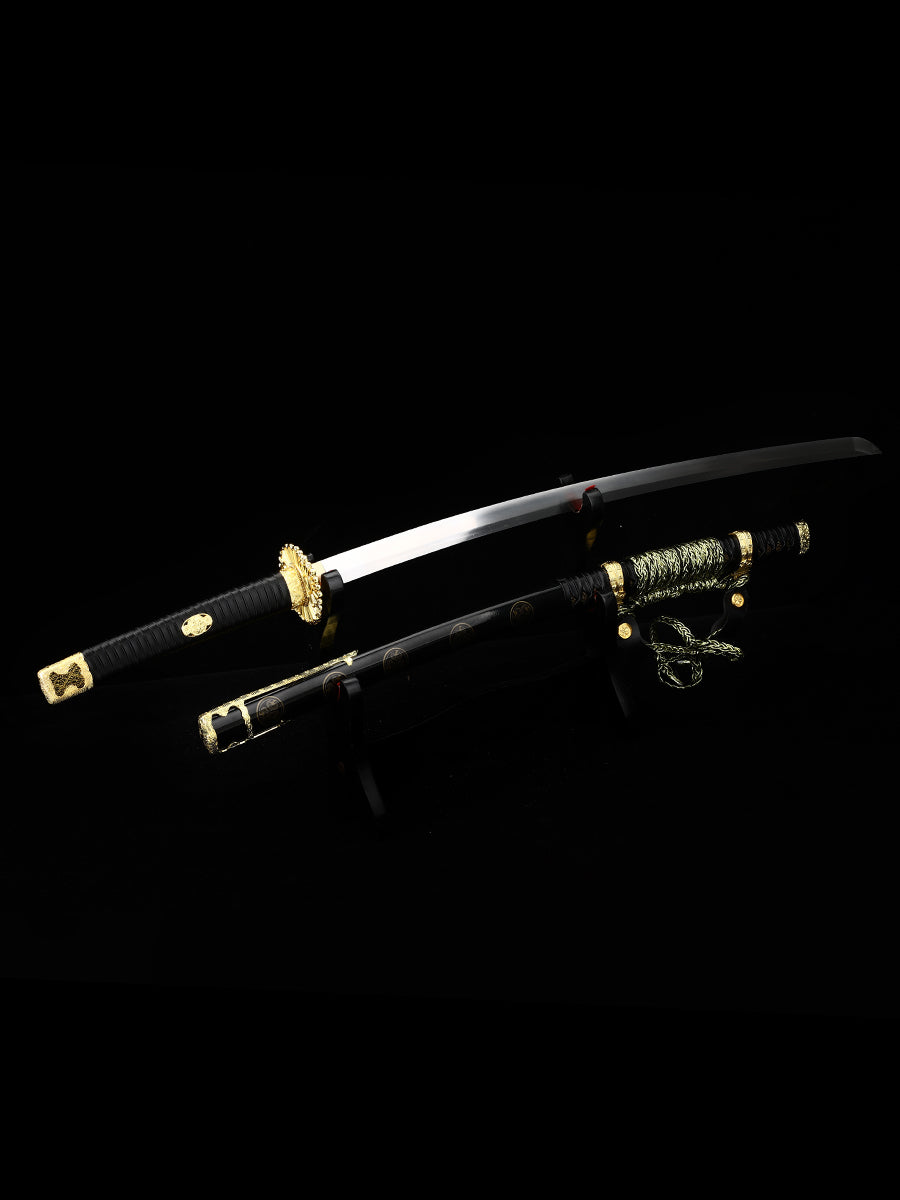 (43)Japanese Tachi Odachi Sword High Manganese Steel With Golden Tsuba And Black Scabbard
