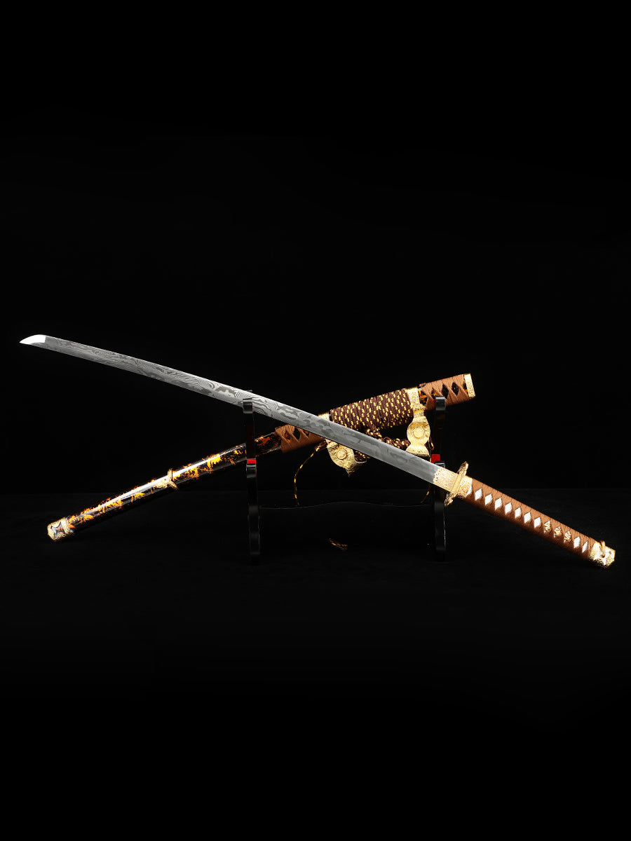 Japanese handmade Damascus steel samurai sword with yellow scabbard decoration collection