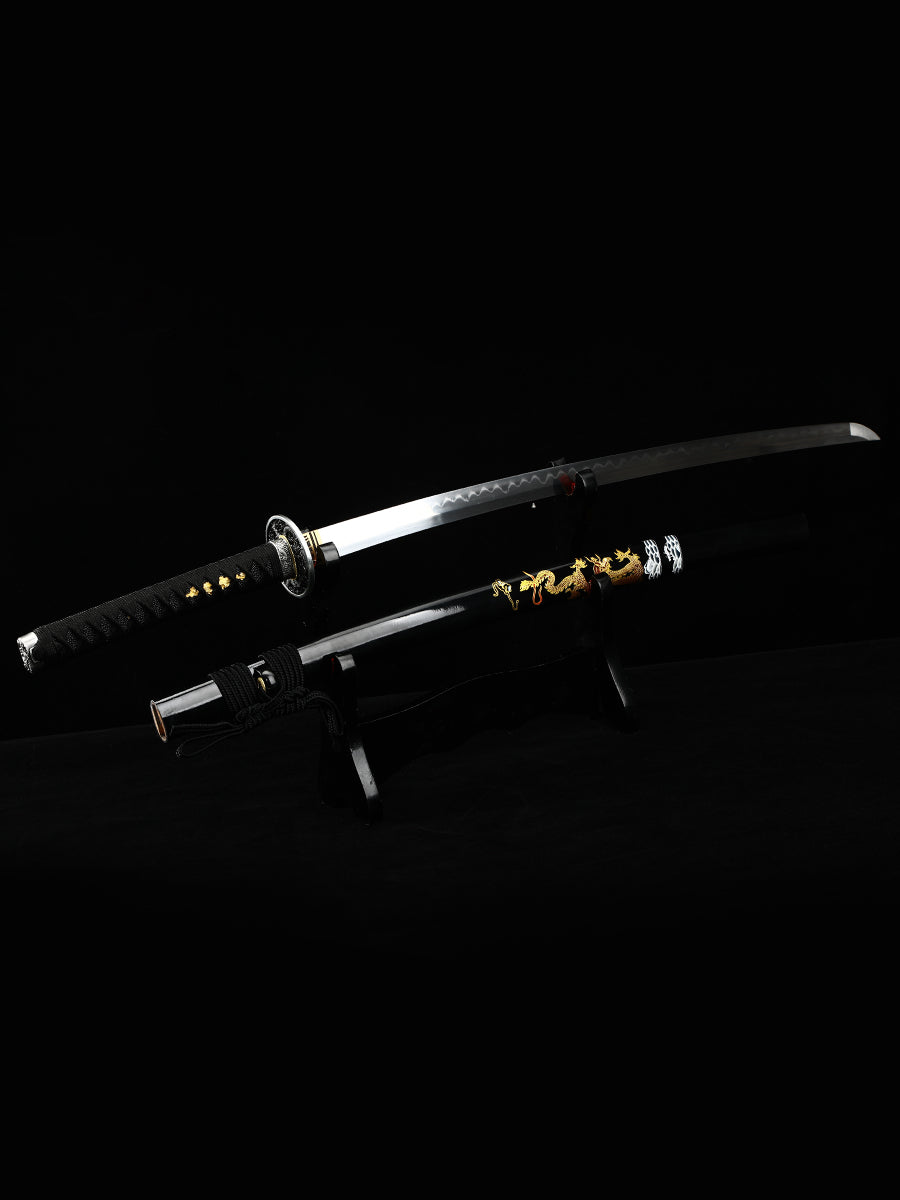 Handmade Japanese Katana Sword T10 Folded Clay Tempered Steel Real Hamon Dragon Elementals(12)