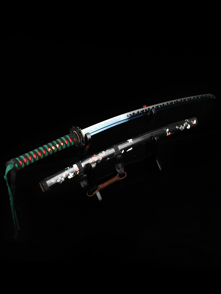 Katana Sword Mud Tempered Manganese Steel True Hamon Handmade Warrior Blade Sharp Handle Rope Green(13)