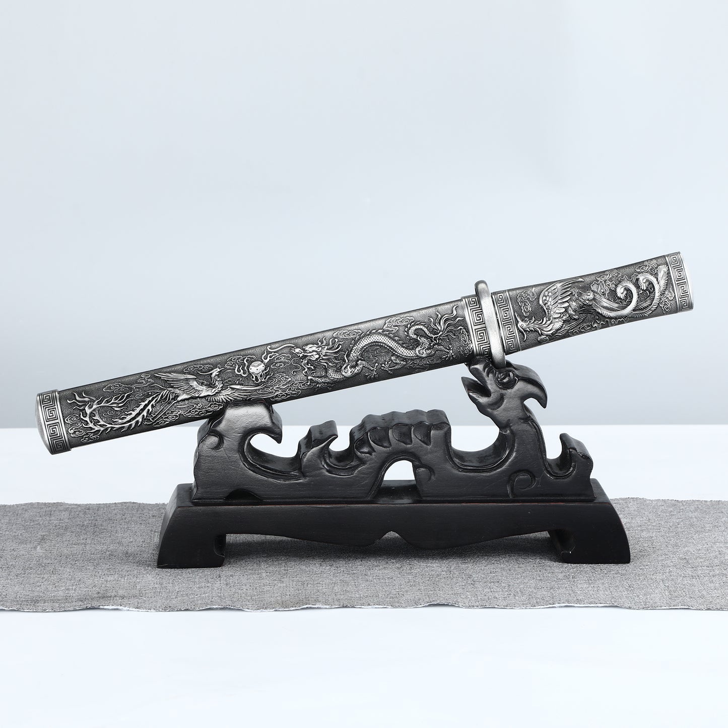 Decorative Collection Dragon Phoenix Play Pearl Short Knife Grey Alloy Sheath High end Gift