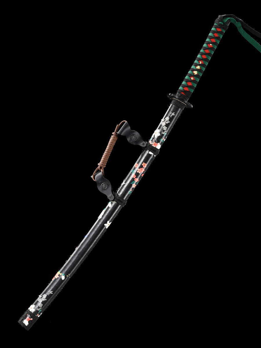 Katana Sword Mud Tempered Manganese Steel True Hamon Handmade Warrior Blade Sharp Handle Rope Green(13)