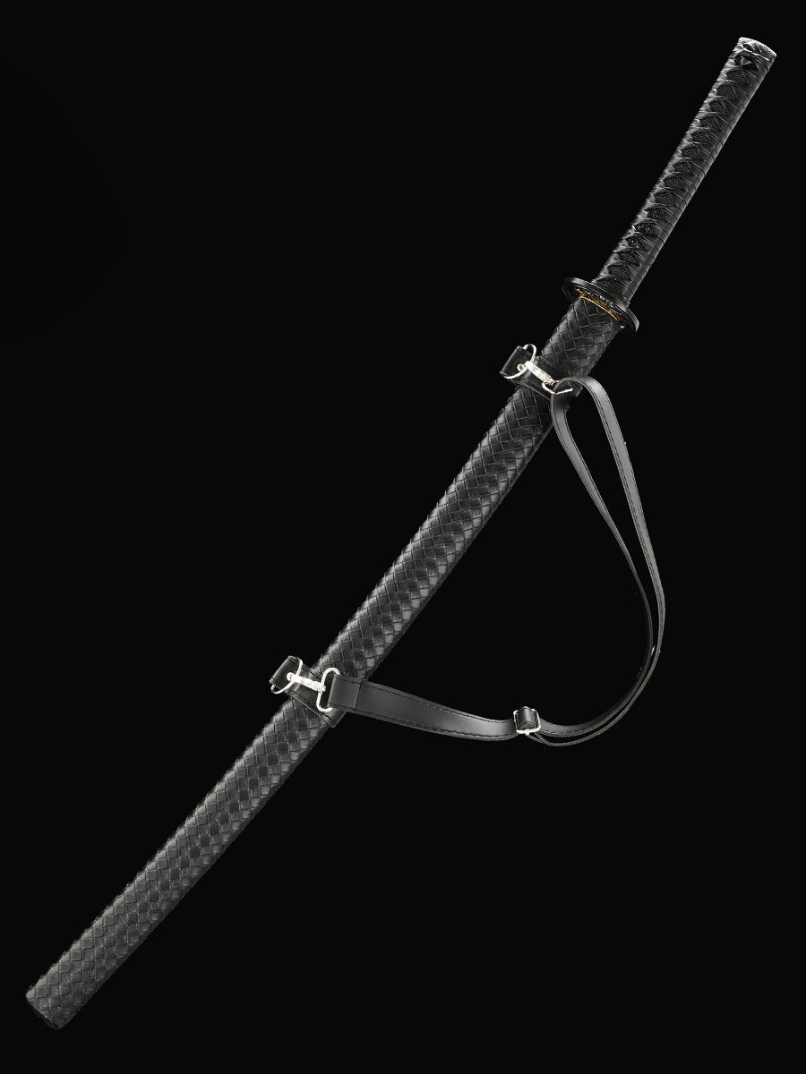 (33)Authentic Japanese Samurai Sword 1060 steel grill black with leather sheath perfect combination