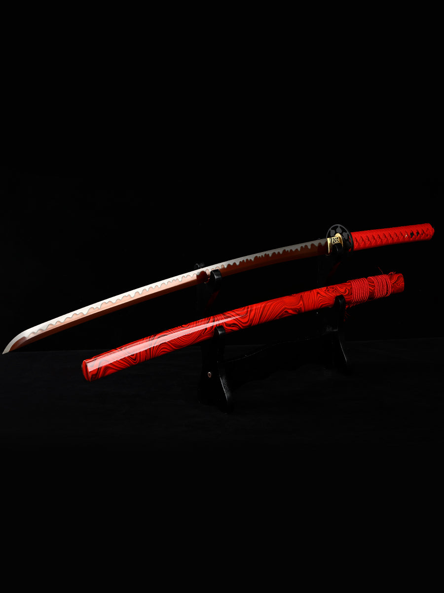 Handmade Samurai Sword Japanese 1095 Steel Red Blade True Sword Full Tang Sharp Red Sheath