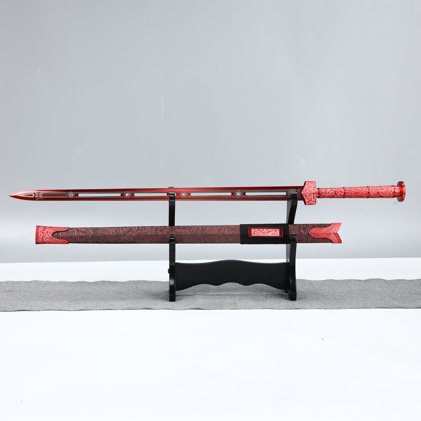 Handmade Chinese straight double-edged sword made of high manganese steel with red sheath and red blade