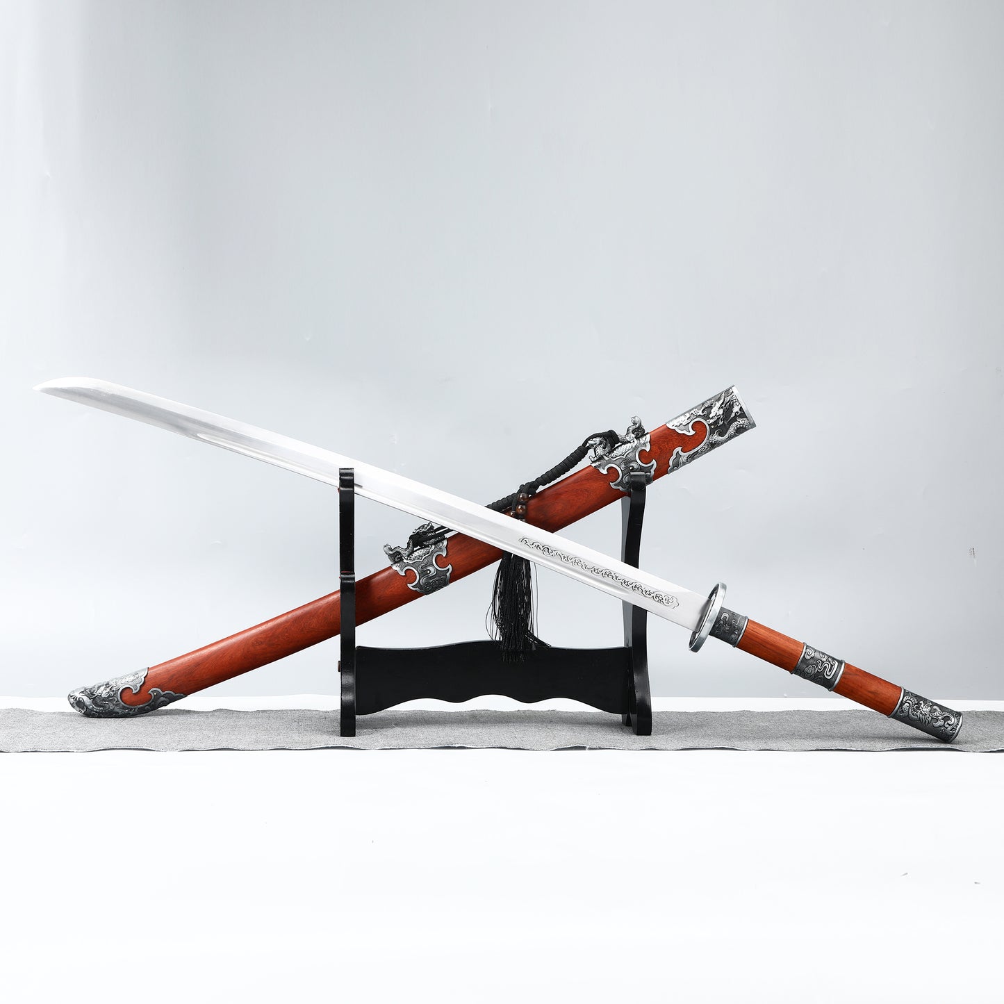 (110)Chinese Straight Knife Tang Knife Film and Television Knife Decorative Knife 1095 Steel Manufacturing Redwood Sheath Dragon Pattern Sheath