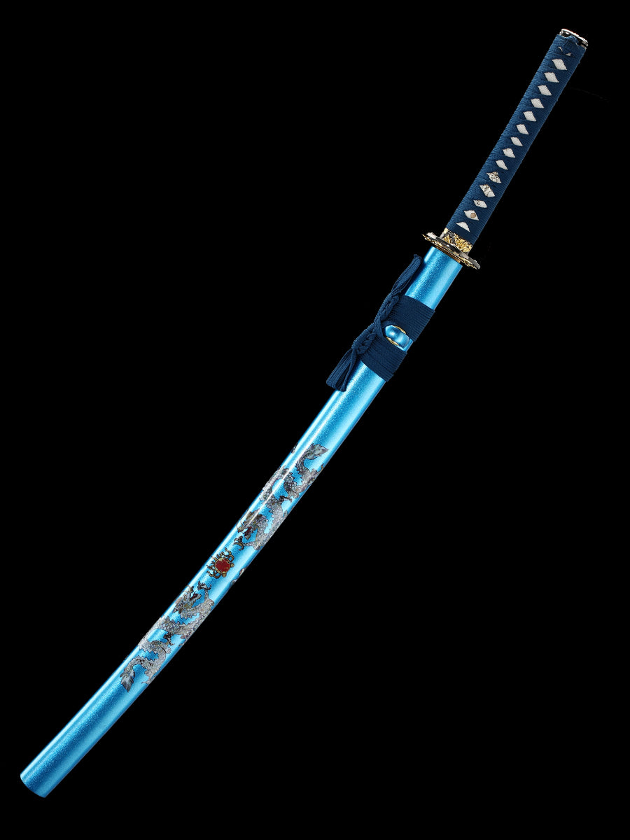 (63)Handmade authentic Japanese Samurai Sword 1060 steel grilled blue with blue sheath dreamlike style