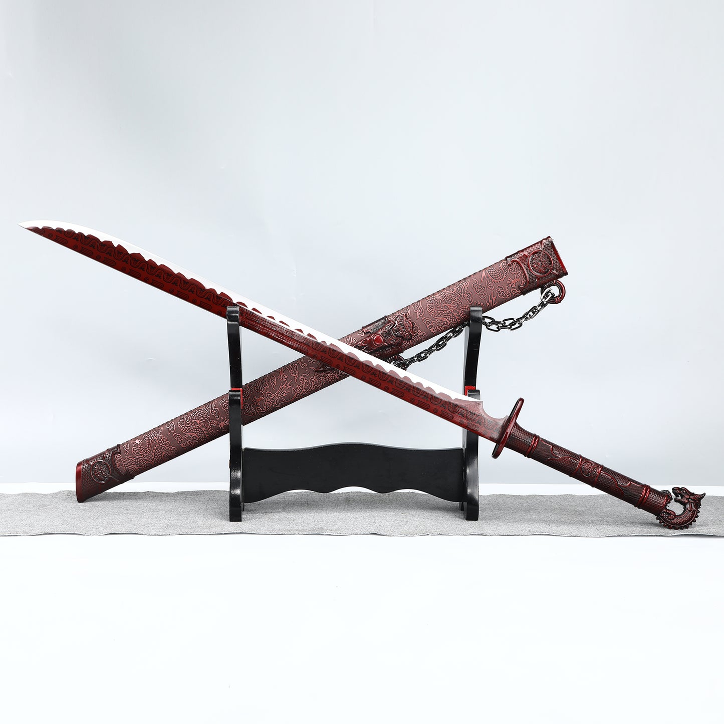 Chinese Tang knife made of 1095 steel, red gear with dragon pattern sheath