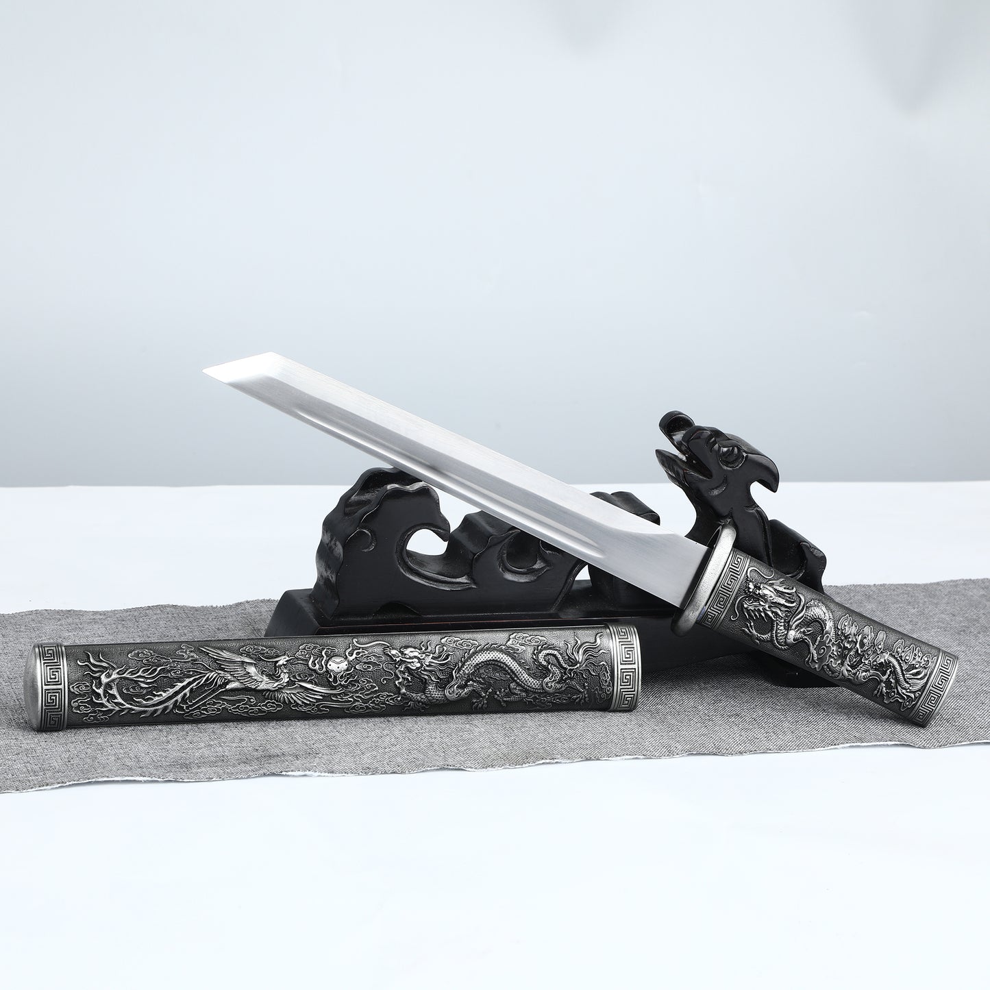Decorative Collection Dragon Phoenix Play Pearl Short Knife Grey Alloy Sheath High end Gift