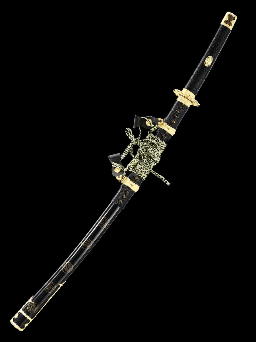 (43)Japanese Tachi Odachi Sword High Manganese Steel With Golden Tsuba And Black Scabbard