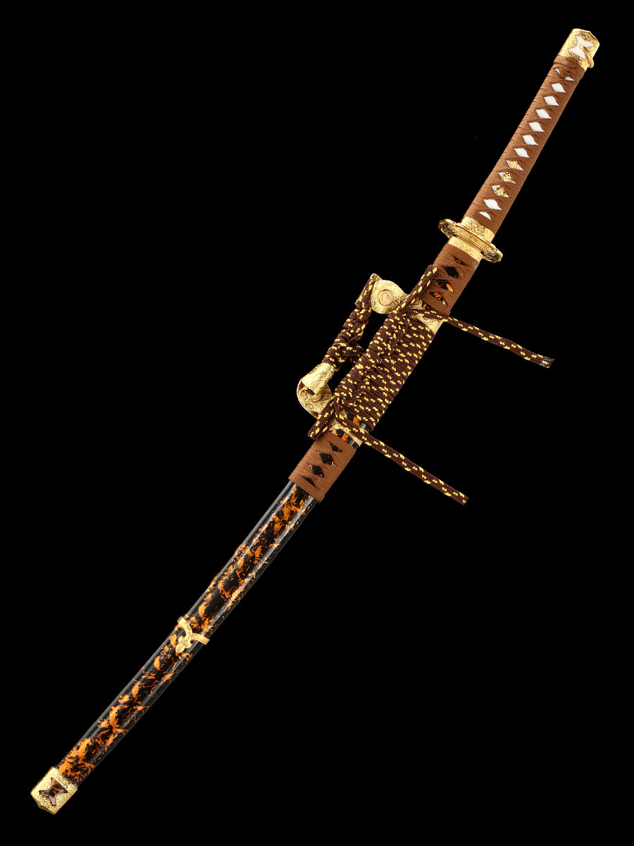 Japanese handmade Damascus steel samurai sword with yellow scabbard decoration collection