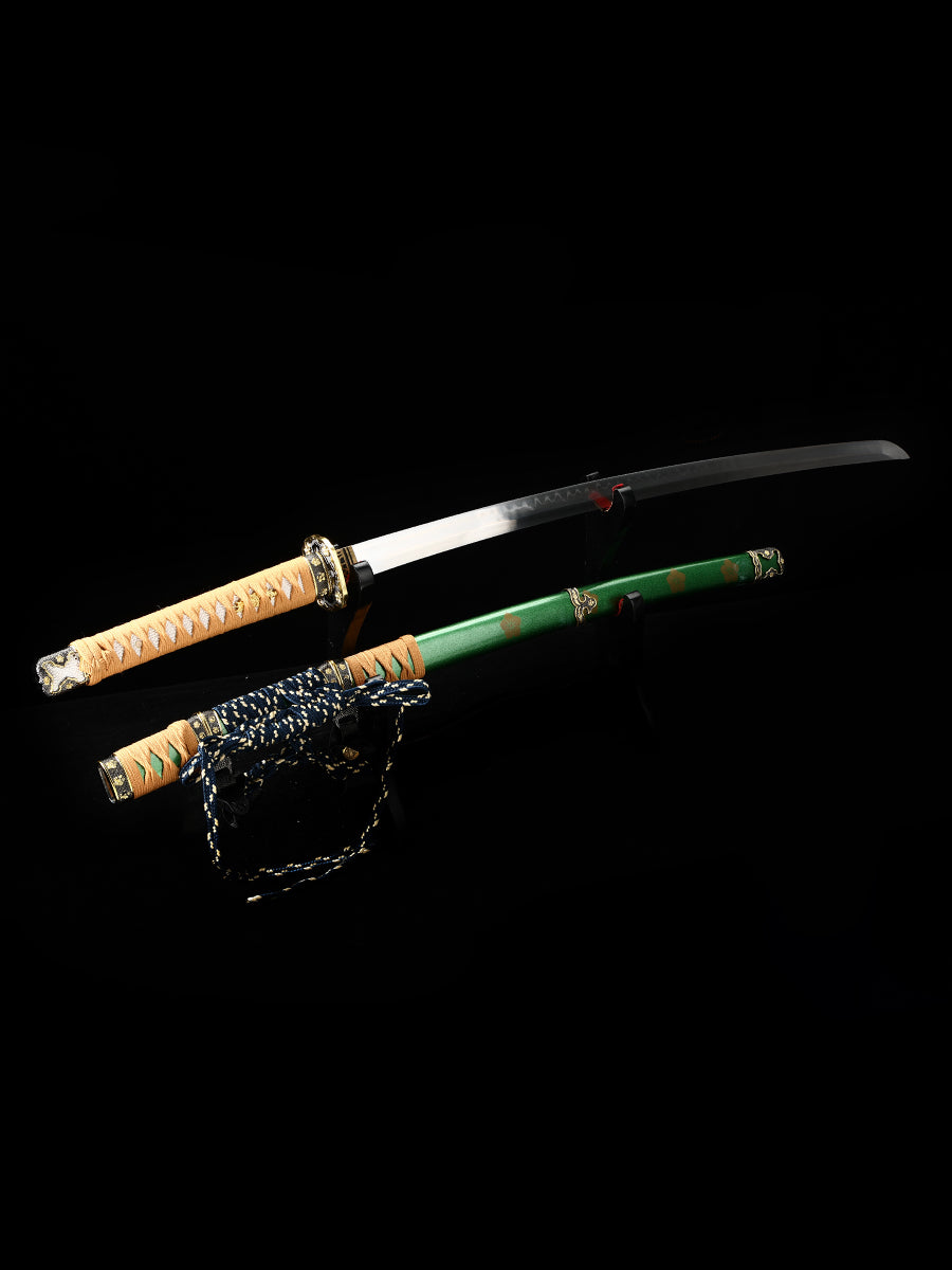 Japanese samurai sword with green scabbard