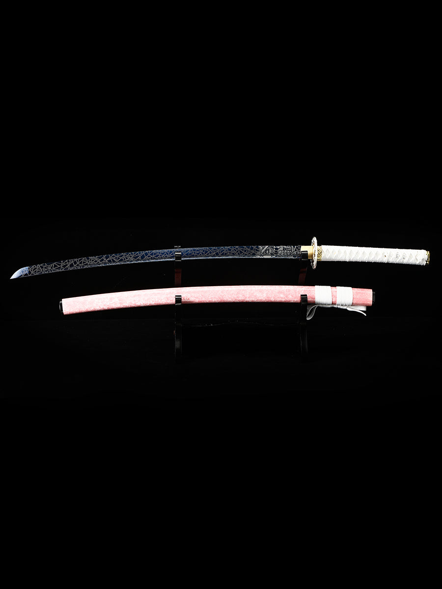(14) Handmade authentic Japanese Samurai Sword 1060 steel baked blue with pink Saya