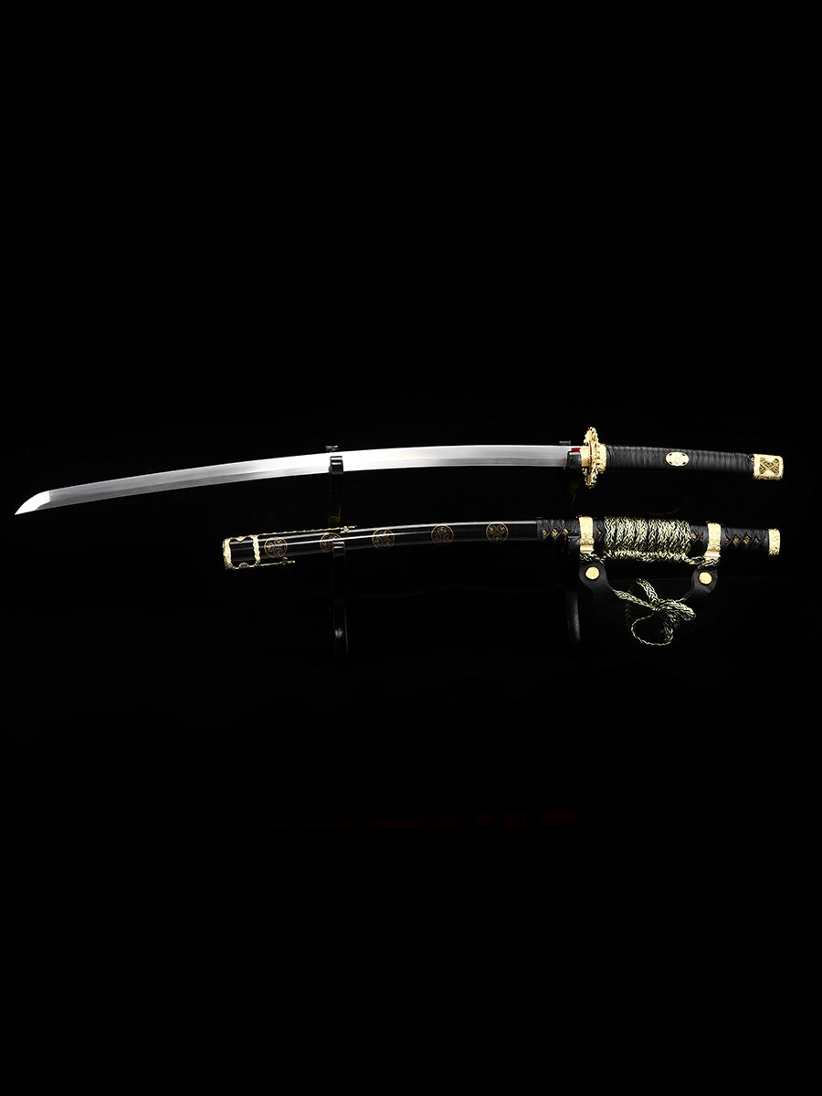 (43)Japanese Tachi Odachi Sword High Manganese Steel With Golden Tsuba And Black Scabbard