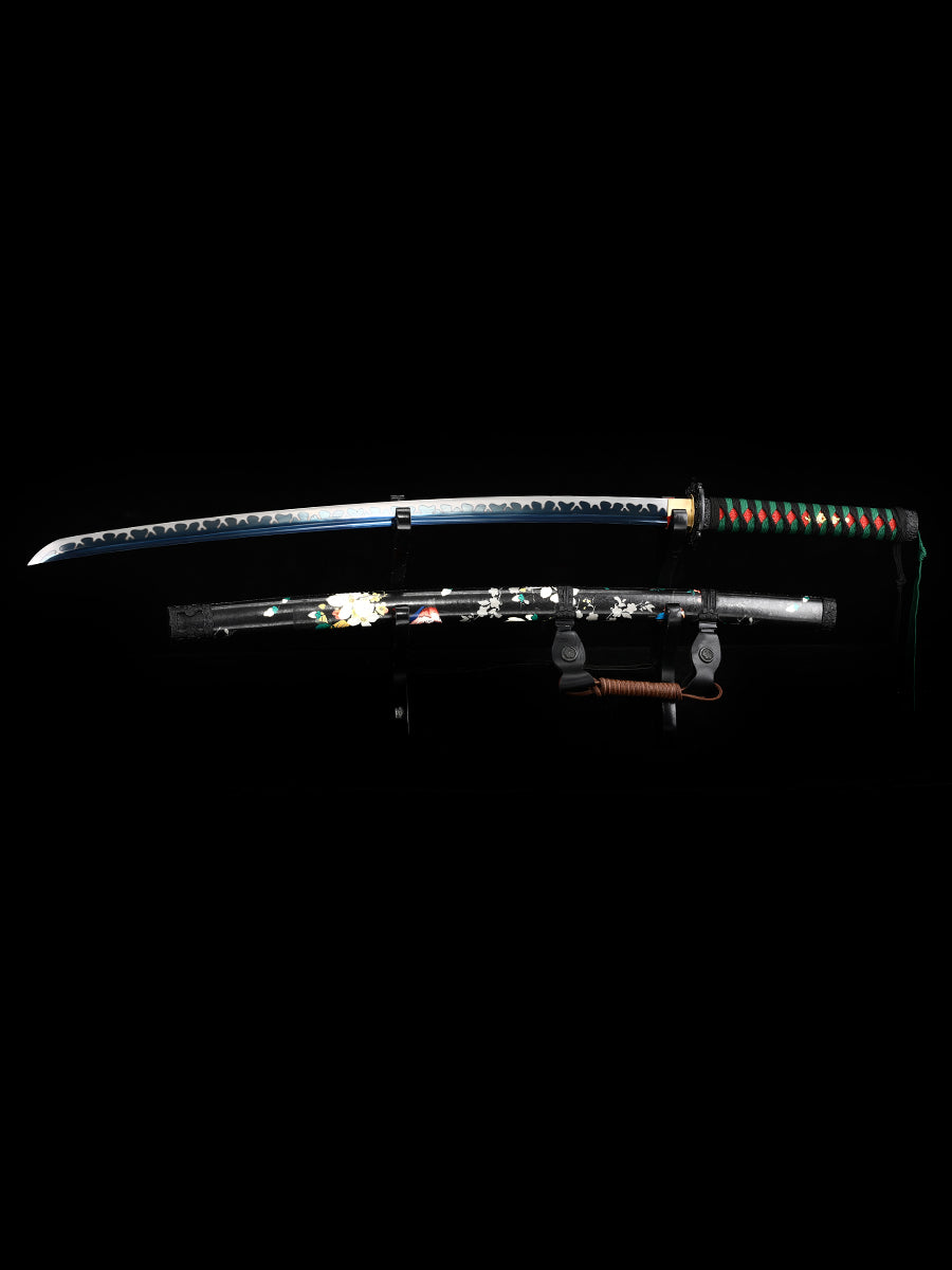 Katana Sword Mud Tempered Manganese Steel True Hamon Handmade Warrior Blade Sharp Handle Rope Green(13)