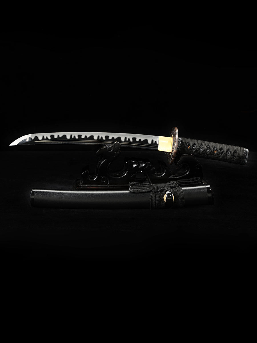 Japanese sword hand forged short samurai sword 1095 manganese steel baked black grinding wave pattern collection decoration