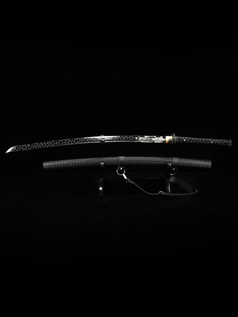 (33)Authentic Japanese Samurai Sword 1060 steel grill black with leather sheath perfect combination