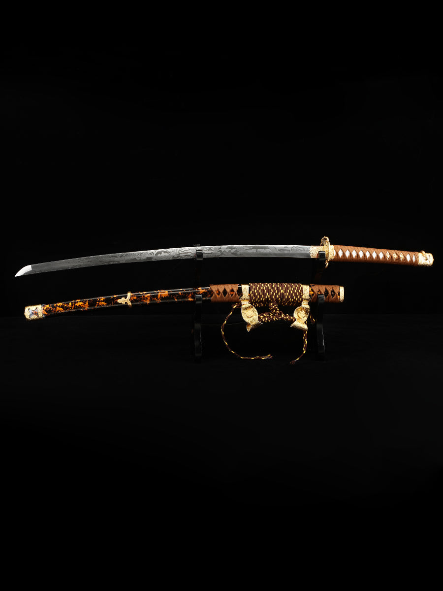 Japanese handmade Damascus steel samurai sword with yellow scabbard decoration collection