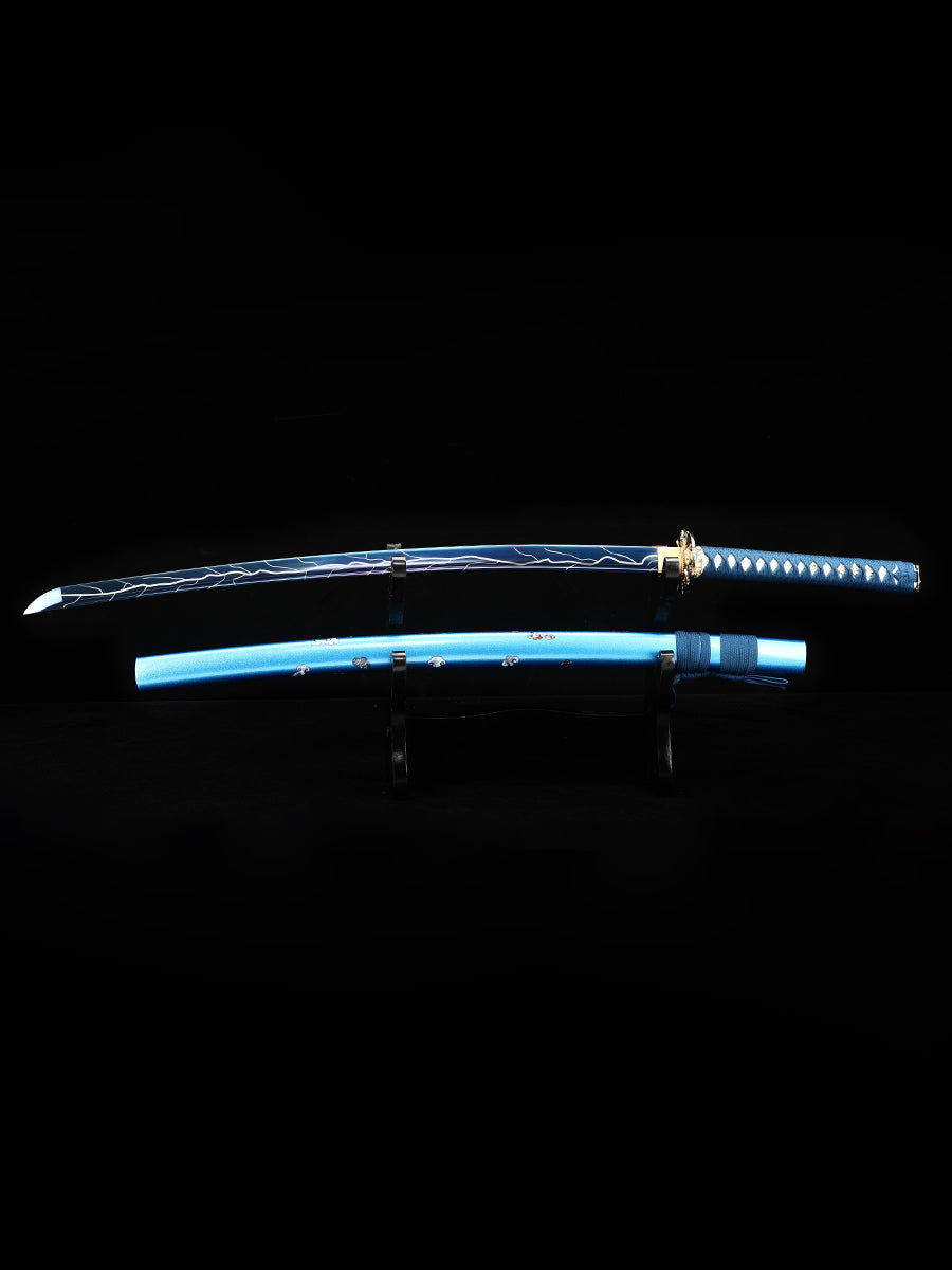 (63)Handmade authentic Japanese Samurai Sword 1060 steel grilled blue with blue sheath dreamlike style