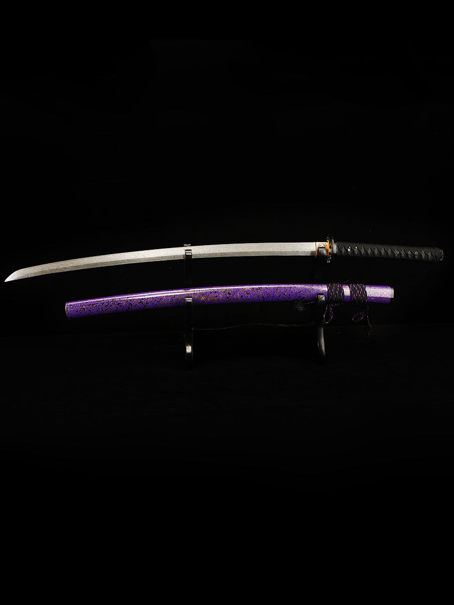 Handmade Japanese samurai sword with Damascus steel folding pattern, exquisite large lacquer sheath in blue(15