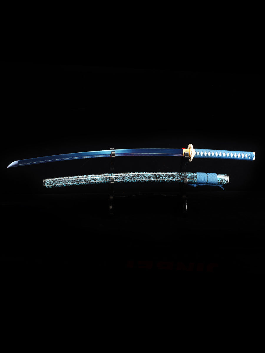 (35)Handmade authentic Japanese Samurai Sword 1060 steel baked black with blue-black sheath