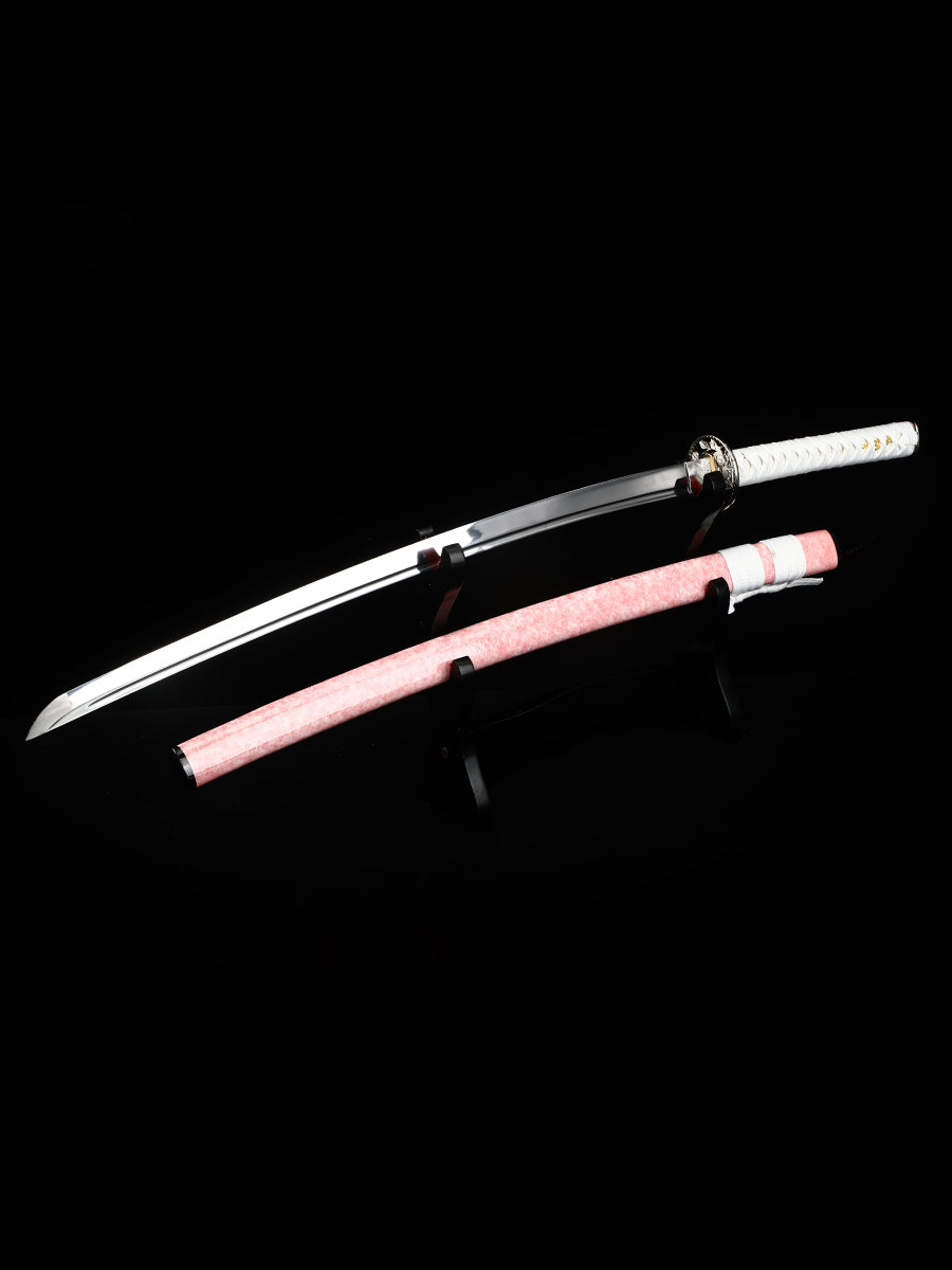 (32)Pink scabbard, white scabbard rope, manganese steel, genuine handmade samurai knife