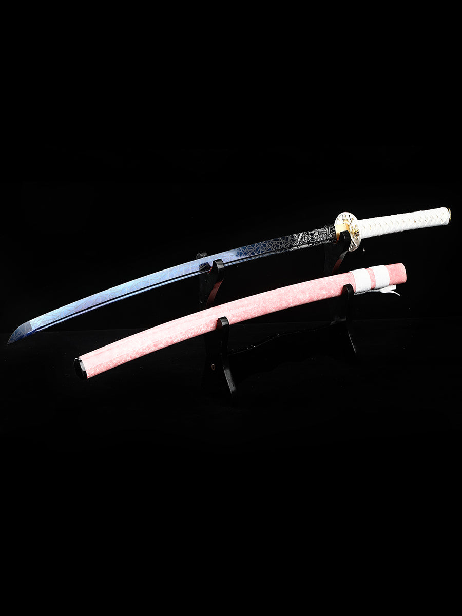 (32) Handmade authentic Japanese Samurai Sword 1060 steel baked blue with pink Saya