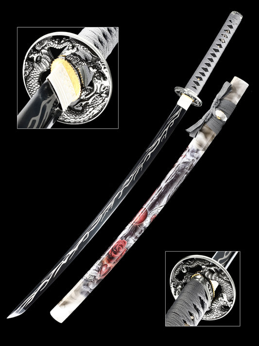 (61)Decorate authentic Japanese samurai swords, handmade 1095 steel blades with black lightning pattern dragon swords from the Tang Dynasty, collected by Tan Boutique