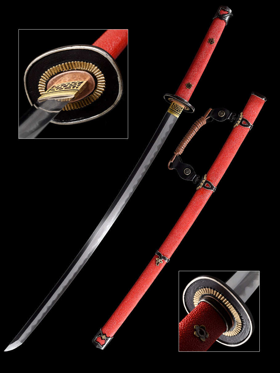 Damascus Steel Covered Earth Burning Blade Warrior Sword, with Handmade Fish Skin Sheath Body and Red Sheath--S2074