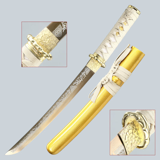 20Inch Real Tantou Flame Blade Japanese Sword 1095 Steel Blade roasted gold  Katana Samurai Sharp Full Tang