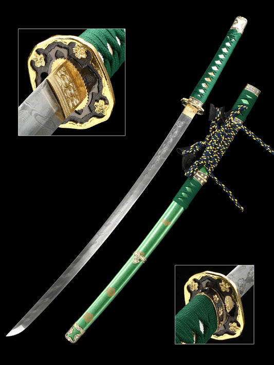 Handmade Damascus Steel Samurai Sword with Green Sheath Decoration Collection