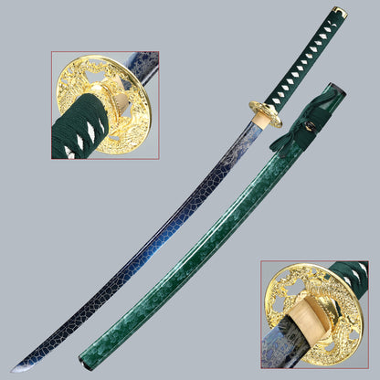 (40) Handmade authentic Japanese Samurai Sword 1060 steel baked blue with green Saya