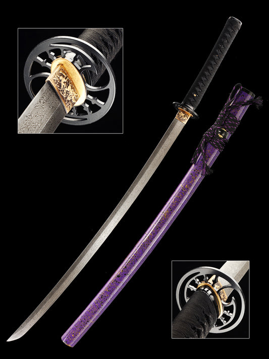 Handmade Japanese samurai sword with Damascus steel folding pattern, exquisite large lacquer sheath in blue(15